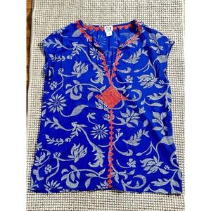 Irving & Fine Blue Floral Embroidered Peasant Blouse‎ Boho S